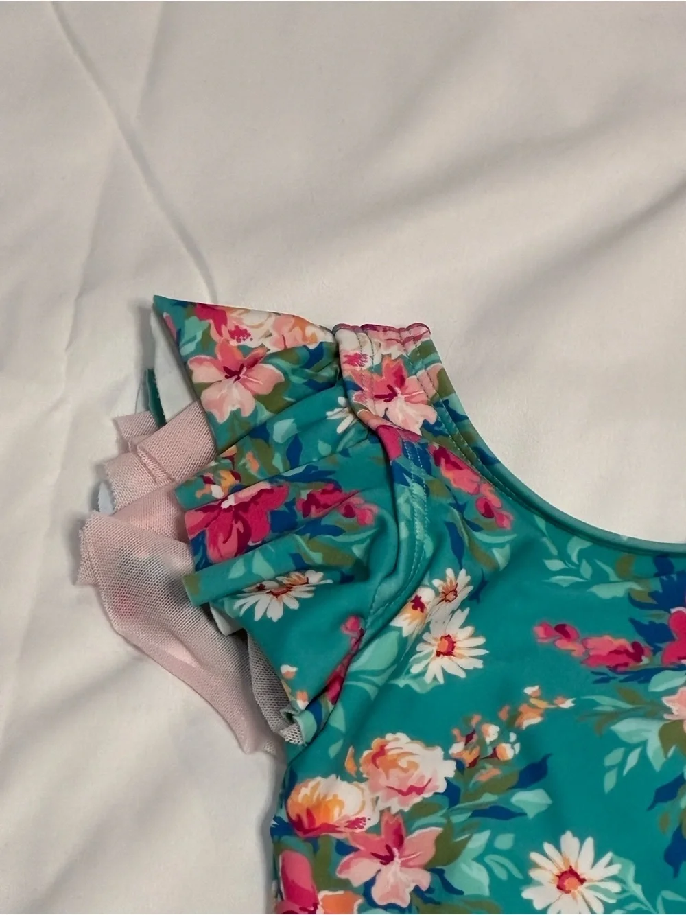 RuffleButts 3-6M Floral Ruffle One Piece Swimsuit Bow Teal Pink Baby Girl